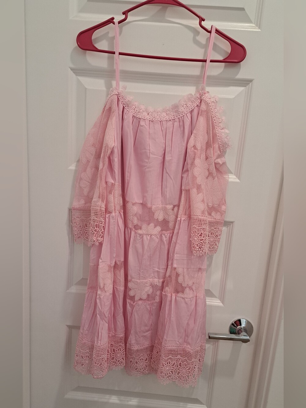 Womens  Pink Lace Off-Shoulder Dress